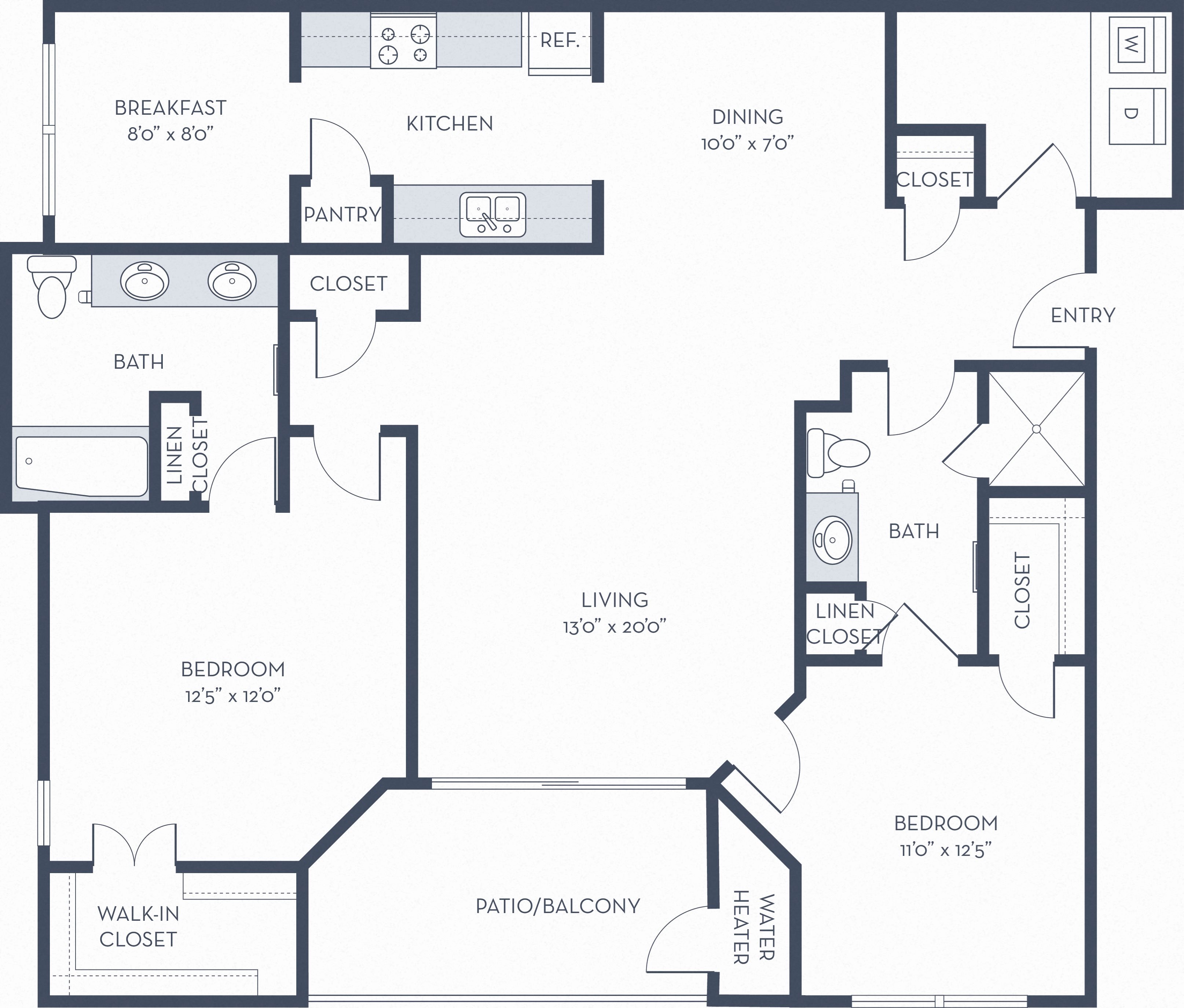 B3 Floorplan 2 Bedroom 2 Bathroom Apartment with Breakfast Nook, Private Balcony, Dual Vanity in Bathroom, and Walk-In Closets